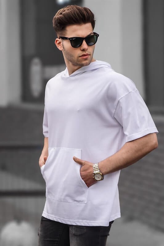 Beyaz Erkek Kapüşonlu Oversize Basic Tişört 5853