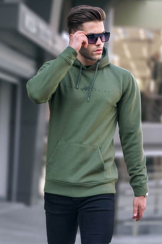Haki Yeşili Kapüşonlu Basic Sweatshirt 6014