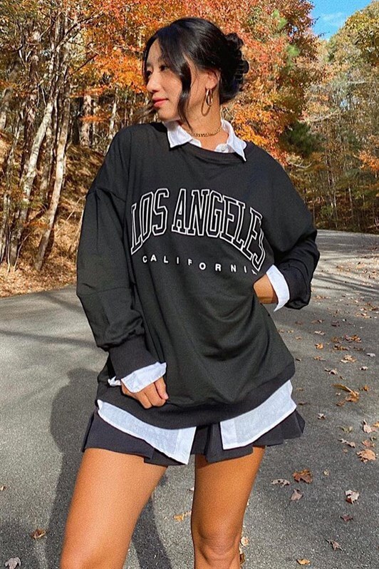 Mad Girls Siyah Baskılı Oversize Kadın Sweatshirt MG780