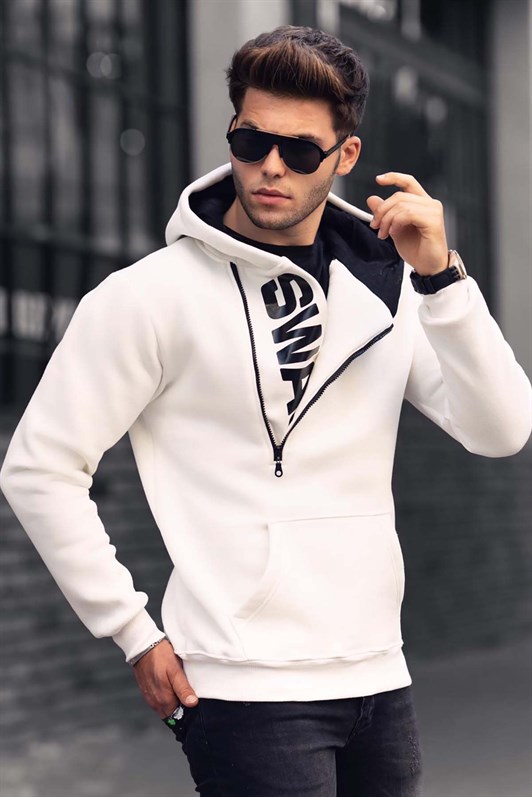 Madmext White Zipper Detailed Hoodie 1767