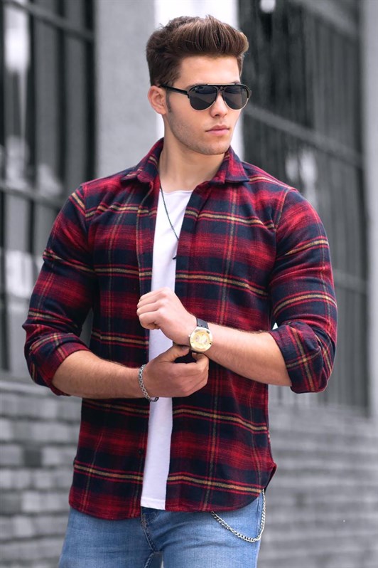 Madmext Claret Red Checked Shirt 4666
