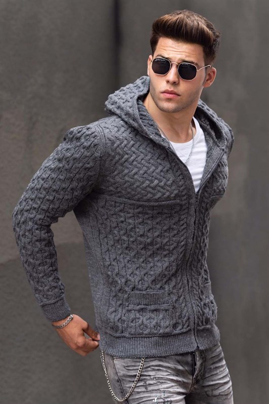 Madmext Dark Grey Knitting Hooded Cardigan 9300