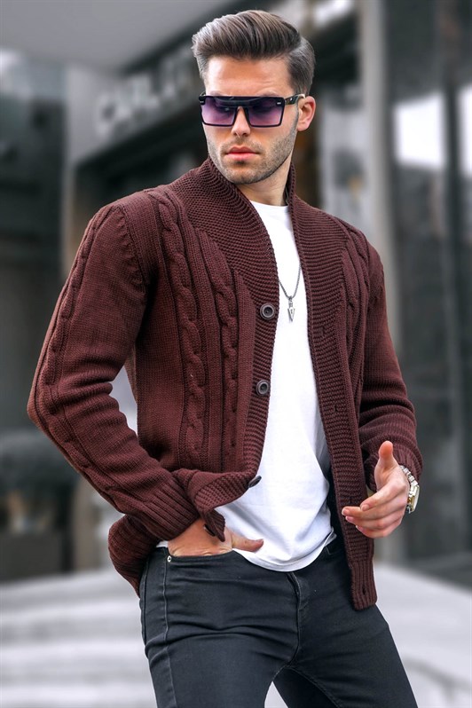 Madmext Men Knitted Brown Cardigan 9053