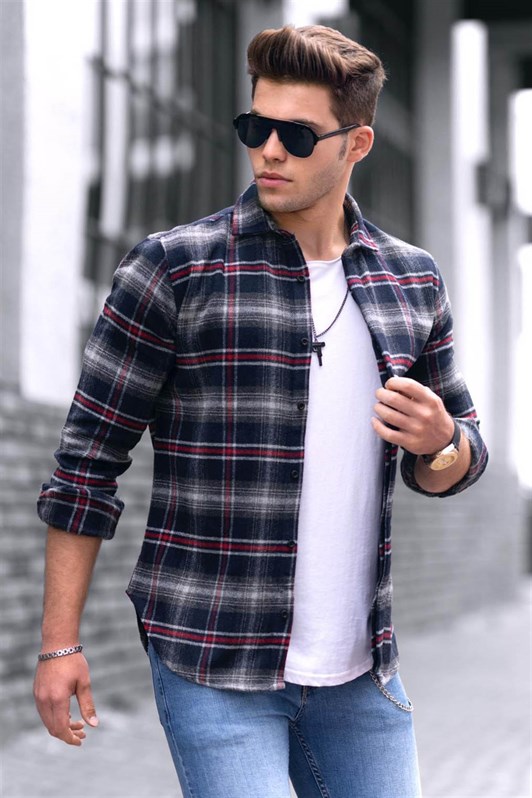 Madmext Navy Blue Checked Shirt 4666