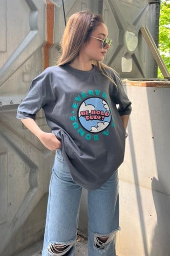 Kadın Füme Baskılı Oversize T-shirt MG948