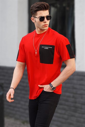 Kırmızı Cep Detaylı Basic Erkek Tişört