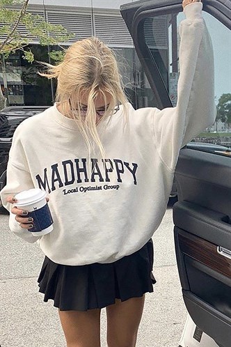 Mad Girls Beyaz Baskılı Oversize Kadın Sweatshirt MG851