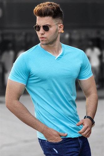 Madmext Men Basic V Neck Turquoise T-shirt5278