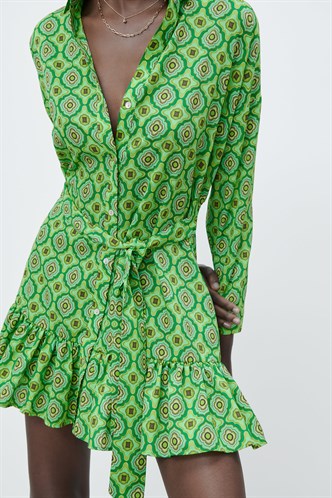 Yeşil Geometrik Desenli Kadın Gömlek Elbise